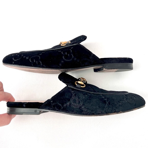 GUCCI | Princetown Black Velvet Monogram GG Logo Horsebit Loafer Slide US 7 - Picture 9 of 11